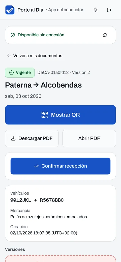 App del conductor con el documento asignado, su QR y el botón para confirmar la recepción.
