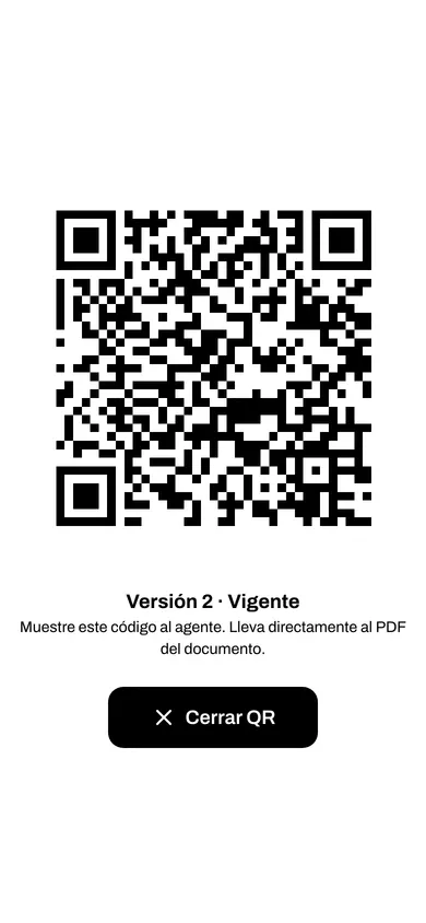 App del conductor mostrando el QR del documento a pantalla completa.
