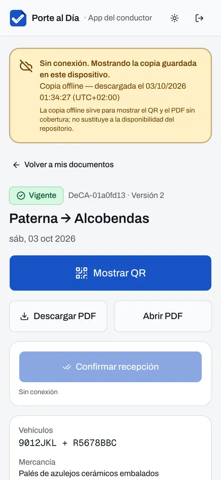 App del conductor sin conexión mostrando el documento descargado.