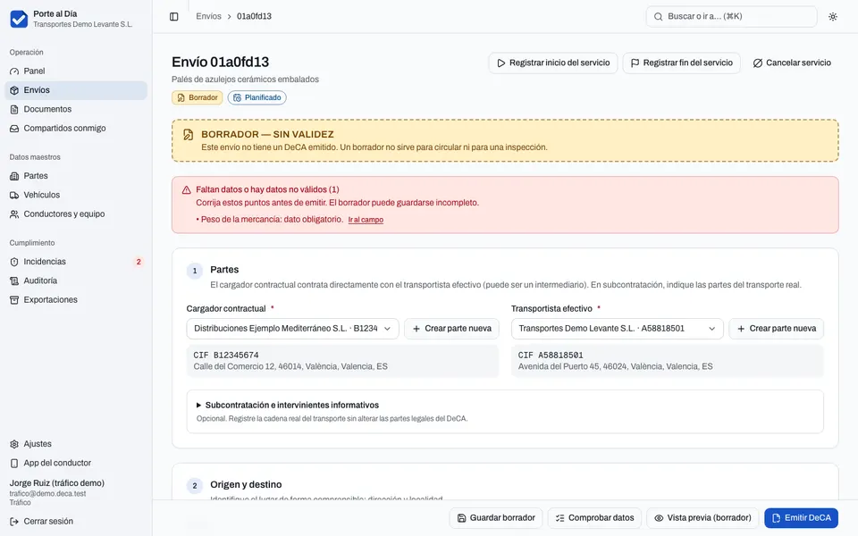 Formulario de envío con los errores de validación señalados en cada campo.